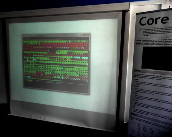 xcorewar's tweet image. Current battling it out on the big screen at the @computermuseum - @royvanrijn vs @fatalc in the tiny core #corewar