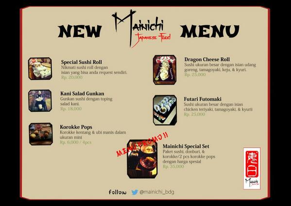 mainichi_bdg's tweet photo. Domo, Happy Weekend, tweeps! Cobain menu2 baru kita yuk, range harga dari 6 - 35K. http://t.co/toz46ElP0J