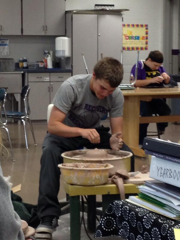 FRHSArt's tweet photo. @DerekBacks1 attempting his hand at throwing pottery! #FRindians http://t.co/DWQHwqMxa9