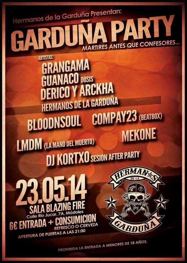 hgposse's tweet photo. Viernes 23 de mayo sala blazing fire  mostoles HERMANOS DE LA GRADUÑA PARTY  6€ con consumición desde las 21h http://t.co/F5OCH0bK0p