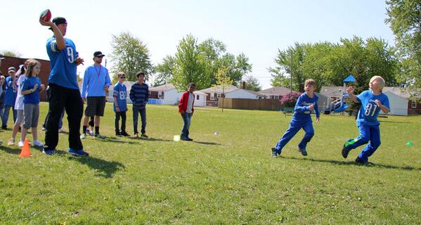 Lions's tweet photo. QB @Staff_9 found some WRs wearing a familiar No. 81 during his school visit with @Playworks: http://t.co/2gU1kLAlp0 http://t.co/nMILm6lxDy