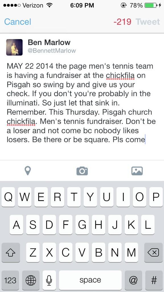 BennettMarlow's tweet photo. THIS THURSDAY IS CHICKFILA NIGHT FOR MENS TENNIS TEAM. 🎾🎾🎾 http://t.co/OlN5kJsfip
