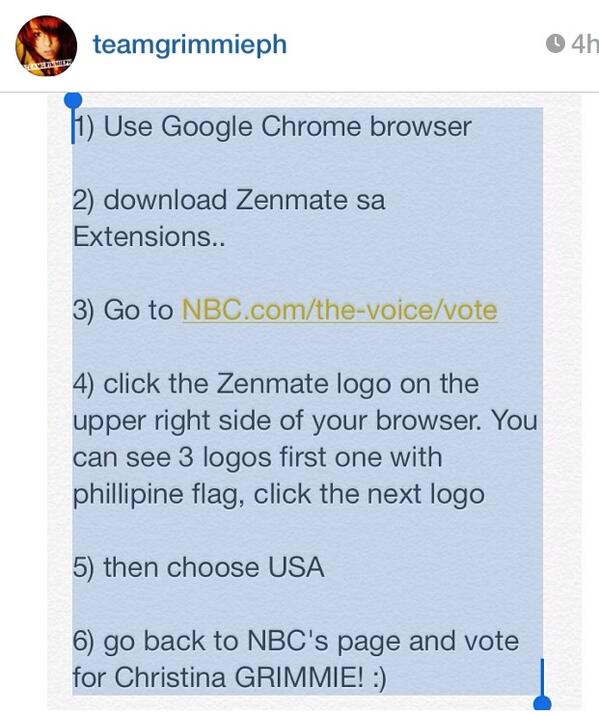 mariemndz_'s tweet image. THIS!! #howtovote vote for Christina Grimmie ONLY!!! 😁😁#zenmate (c)