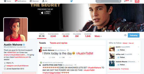 TrevorMichael7's tweet photo. WE DID IT MAHOMIES!!!!!!!!! @AUSTINMAHONE HIT 6 MILLION FOLLOWERS AHHHH SO PROUD!!! #AustinTo6M #MAHOMIESGOHARDEST http://t.co/09DzRJldKb