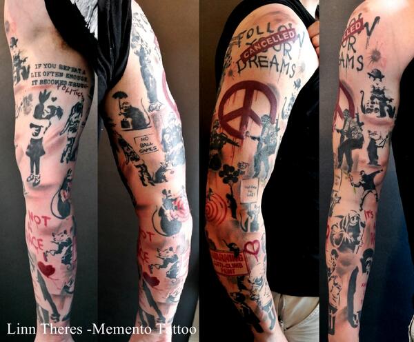 LinnTheres's tweet photo. 3 sittings Banksy sleeve. His first tattoo! http://t.co/vgLOwdRZA5