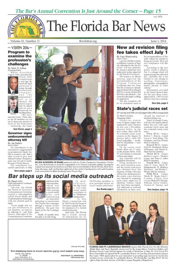 TheFlaBar's tweet photo. June 1 Bar News online, led w/ story about The Florida Bar's increased social media efforts. http://t.co/Wen9ZpgH8q http://t.co/1U8fgaAZFd