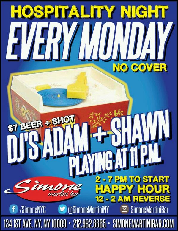 SimoneMartiniNY's tweet photo. Jamie &amp; Alex are serving up the Monday Cure. Come for Happy Hour &amp; stay for the DJs. @PeepsOut thx for stopping by! http://t.co/41iGOzcSyQ