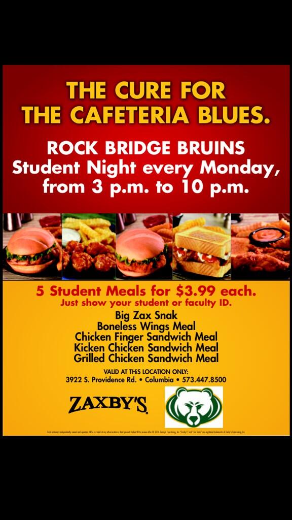 RBbrucrew's tweet photo. Check it out! Rock Bridge night at Zaxbys! Grab your student I.D and head on over! Every Monday night! http://t.co/ohhchBhyNr