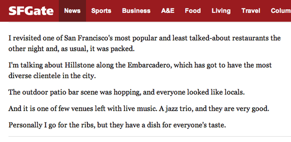 see what Willie Brown had to say about his experience last Friday!!! <a href="/HillstoneSF/">Hillstone Restaurant</a> <a href="/AnnaSF/">ANNA LEE</a> #goodeats #livejazz