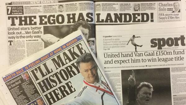 NOSsport's tweet photo. "The ego had landed", kopt The Daily Mail. Er wordt veel verwacht van Van Gaal bij United. http://t.co/jJhQ0mOK25 http://t.co/9rOl6knaNO