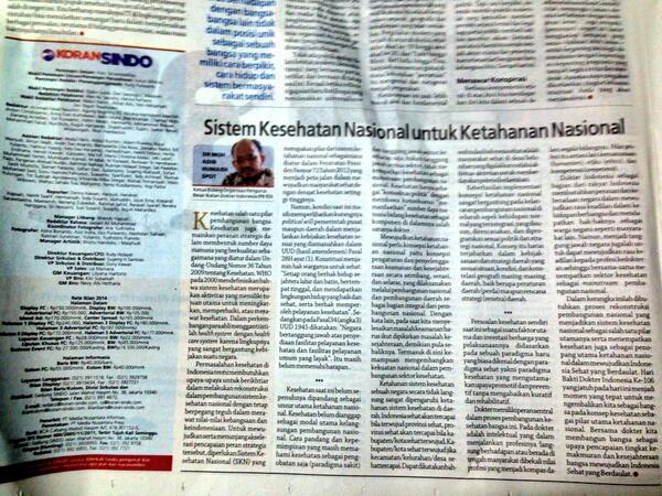 PBIDI's tweet photo. Artikel menyambut #HBDI2014 oleh Dr. @dokteradib -Kabid Organisasi PB IDI di koran Sindo hal.6. http://t.co/JK5hmgWjpB