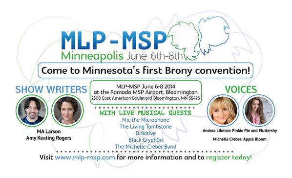 I'll be at @MLPMinnesota w/ <a href="/AndreaLibman/">𝔸𝕟𝕕𝕣𝕖𝕒 𝕃𝕚𝕓𝕞𝕒𝕟</a> <a href="/BlackGryph0n/">Gabriel C. Brown</a> <a href="/LivingTombstone/">The Living Tombstone</a> @MicDaMicrophone <a href="/M_A_Larson/">M.A.Larson</a> <a href="/KeatingRogers/">Amy Keating Rogers</a>!