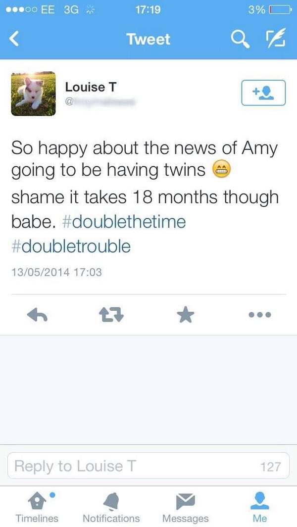 “@CuntsWatching: Oh I'm so glad you're not having triplets Amy love, that'd be a long 27 months! ” <a href="/Ella_Whyte/">ella whyte</a>