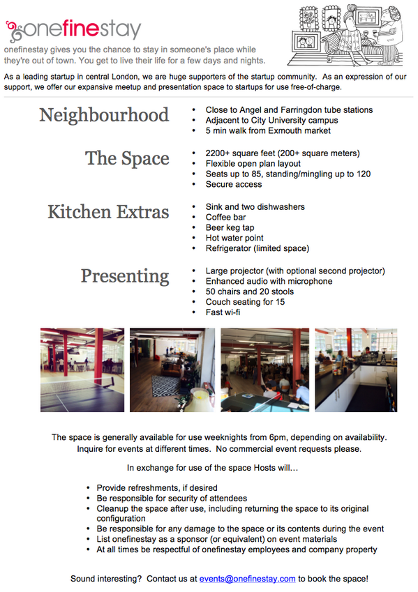 .<a href="/onefinestay/">onefinestay</a> #events space is now available for #london #startups free use - book #meetups #hackathons and events