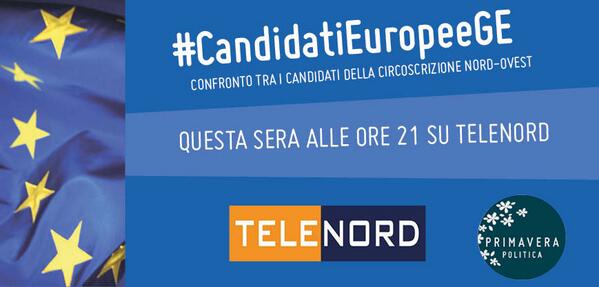 PrimaveraPol's tweet photo. Questa sera h.21 in onda su @Telenord il confronto #CandidatiEuropeeGE @mattedelle91 @paolopede @simonettasaveri http://t.co/A9UzcOCTdM