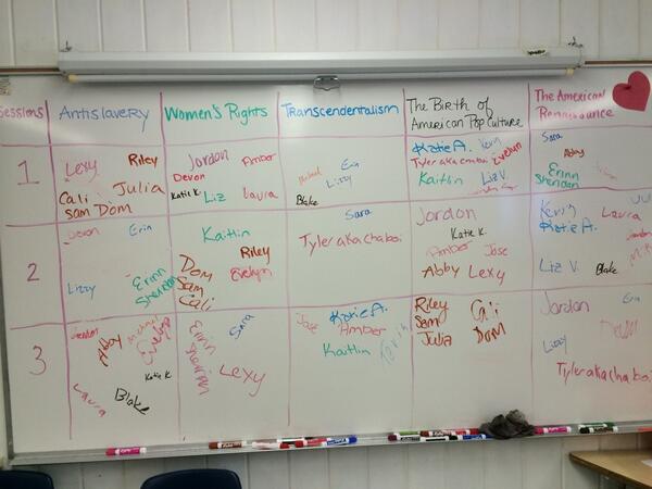mshorelik's tweet photo. #EdCafe schedule for today has no designated leaders, teacher chosen topics, but student choice w/i groups/topics http://t.co/4AvKDc8zA3