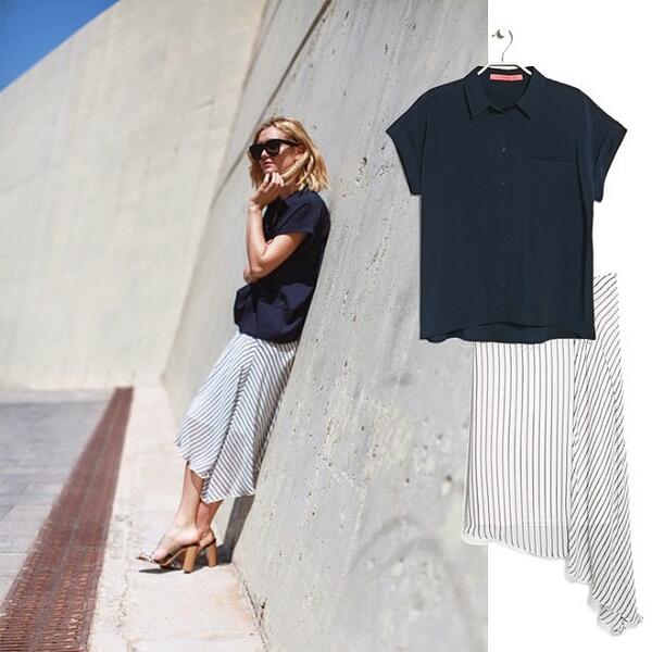 Mango's tweet photo. .@Adenorah wearing a MANGO total look: flowy blouse CAMIFLU and striped midi skirt LISBOA! #MANGOdiy http://t.co/naP2N5pqdi