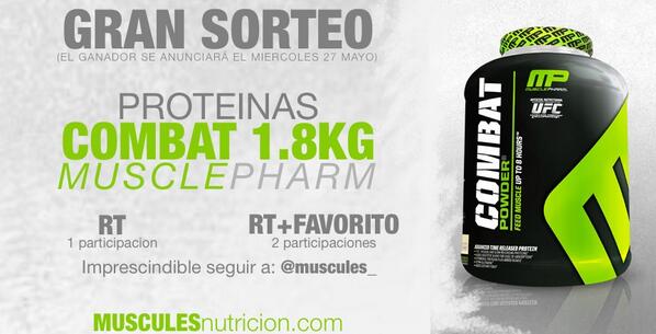 muscules_'s tweet photo. http://t.co/Z3bVCMh63E  
#SORTEO PROTEINAS COMBAT MUSCLEPHARM 1.8KG  
Participa: RT+seguir a @muscules_ Mucha suerte! http://t.co/WF8N7H5l0I