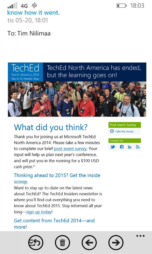 TimNilimaa's tweet image. Did you attend #msTechEd? Don't forget submit post-event eval to help make it even better next year! Check your mail