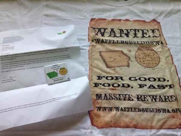 GBHunting's tweet photo. Oooh, @wafflehouseia sent me a t-shirt and magnet! @WaffleHouse, we urgently need #wafflesforAgs and #wafflesforIowa http://t.co/vMFIUu8WyN