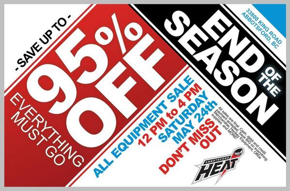 Saturday May 24th #AHLHeat Year End Sale from 12PM - 4PM at @AbbyCentre. Merchandise, office supplies, and equipment.