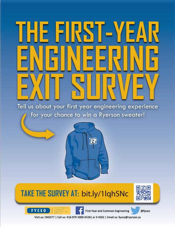 @nsbeRU Tell us how your first year went for a chance to win a <a href="/Ryerson/">Ryerson</a> sweater! tinyurl.com/firstyearexits…