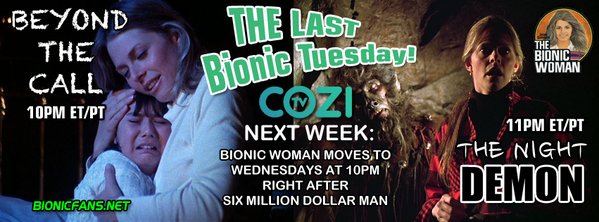 BIONICFANS's tweet photo. It's the LAST #BionicTuesday on @COZITV! Next week, #BionicWoman moves to Wednesdays 10PM after #SixMillionDollarMan! http://t.co/3DVr8hzSgZ