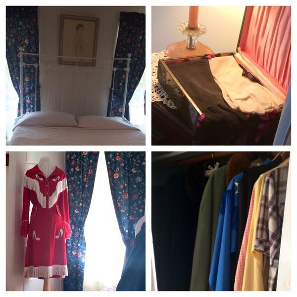 Photographs inside the #PatsyClineHistoricHouse. Patsy's bed, gloves, and costumes worn by #JessicaLange. #PatsyCline