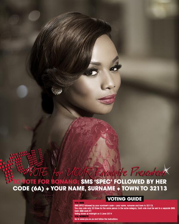 SABC3Topbilling's tweet photo. Totally stunning and incredibly successful @Bonang_M has been nominated as SAs most stylish woman! #YOUSpectacular http://t.co/ouGBkD5PWG