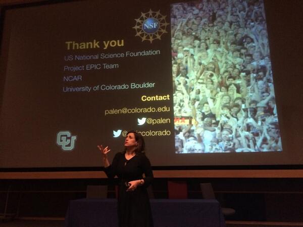 palen's tweet photo. hmmmm…serious! MT @kenbod @PIOResearcher Great photo of @Palen during her keynote. @PIOResearcher! #ISCRAM2014. http://t.co/b0HWcExJdW