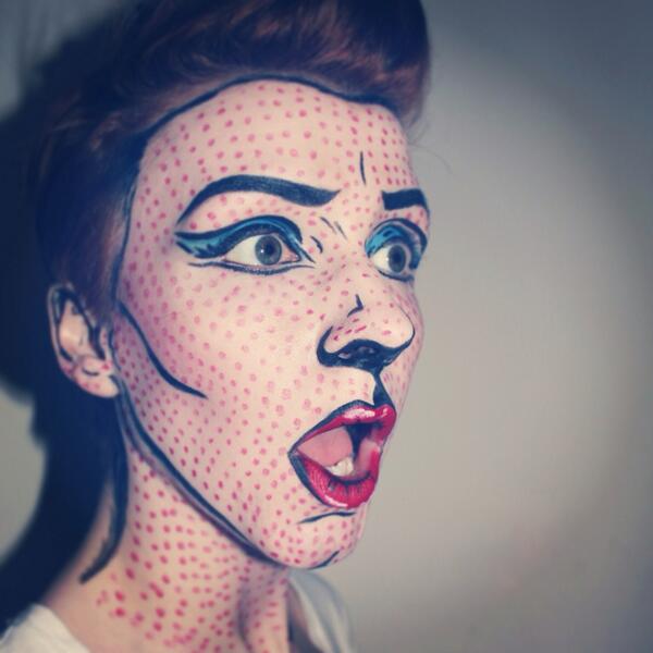 optical_d's tweet photo. Lichtenstein inspired pop art makeup on myself as always!  @RoyLich #popart #makeupartist #makeup #artist http://t.co/yHxoUMKLam