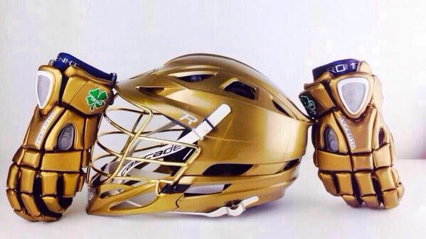 LacrosseGods's tweet photo. Notre Dame Fighting Irish lacrosse all gold gloves and helmet.. @NDlacrosse http://t.co/QYDnum4Iww