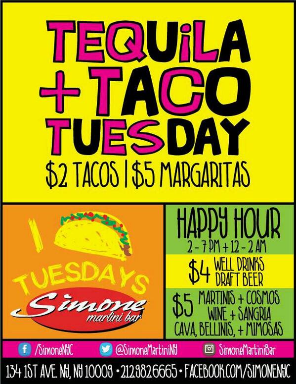 SimoneMartiniNY's tweet photo. Tuesdays are for Tequila &amp; Tacos! $2 chicken tacos + $5 margaritas. Get some! http://t.co/uVl4caEcQs