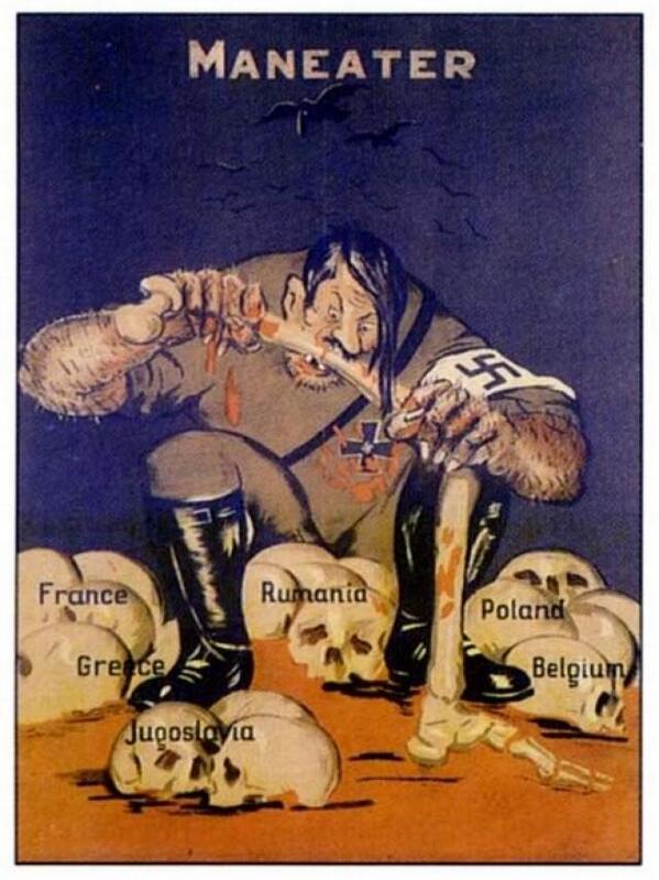 HistoriaIIGM's tweet photo. Cartel Aliado (Reino Unido)
 que muestra a Hitler como un canibal comiendo los paises ocupados por Alemania. http://t.co/IGRVpgPCP1