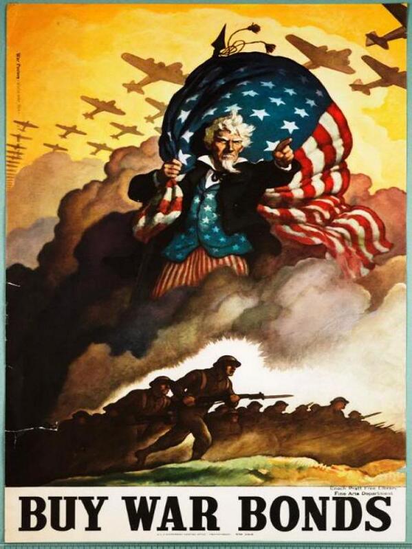 HistoriaIIGM's tweet photo. Cartel Aliado (Estadounidense) que dice "Comprar bonos de guerra" muestra al tio Sam dirigiendo a las tropas. http://t.co/ZvCalD0wft