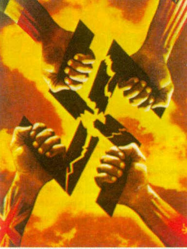 HistoriaIIGM's tweet photo. Y el último y más famoso, los brazos Aliados partiendo la Esvástica. http://t.co/nlyN98T1j7