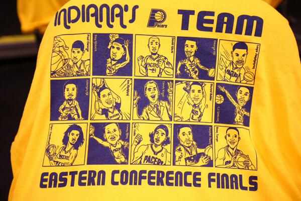 SportsCenter's tweet photo. Pacers are "Indiana's Team" according to shirts waiting for every fan in Bankers Life Fieldhouse. #CountdownToAChamp http://t.co/YYZQy7yITN