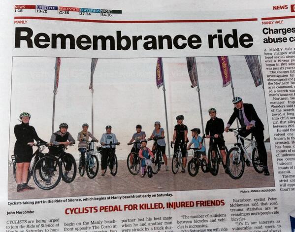 WorldByCycle's tweet photo. #RideOfSilence in the @ManlyDaily with @petemwcc &amp; @kristinastoney - pls share and join on Saturday, May 24 http://t.co/gZ6e95h9M2