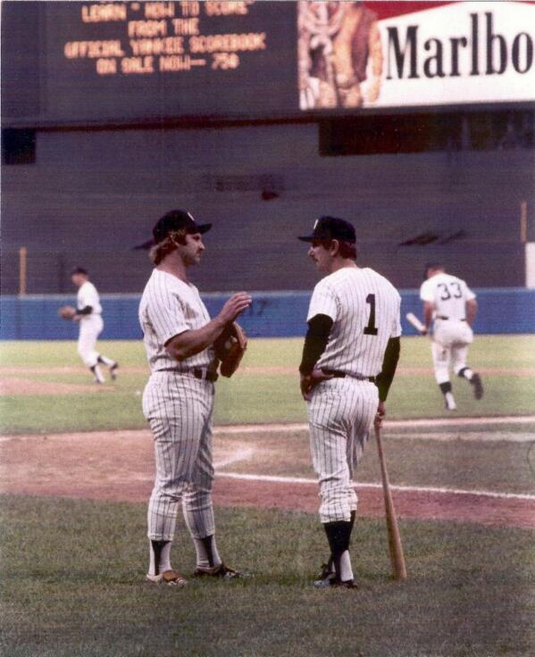 ouroldballgame's tweet photo. Thurman Munson and Billy Martin having a pre-game chat.
#Yankees http://t.co/75azOh3LO9