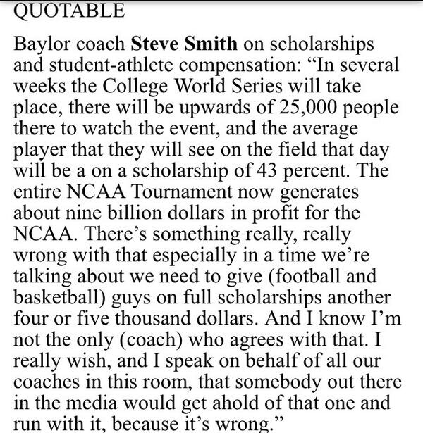Baylor's Steve Smith (@BUCoach34) had interesting comments about student-athlete pay for play. newsok.com/article/4844734