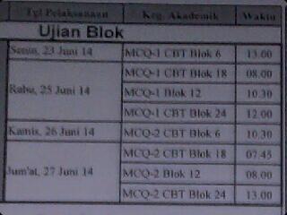 Ujian Blok | MCQ 1: Rabu, 25 Juni (10.30) | MCQ 2: Jumat, 27 Juni (08.00) <a href="/KUUMY2012/">Kedokteran UMY 2012</a>
