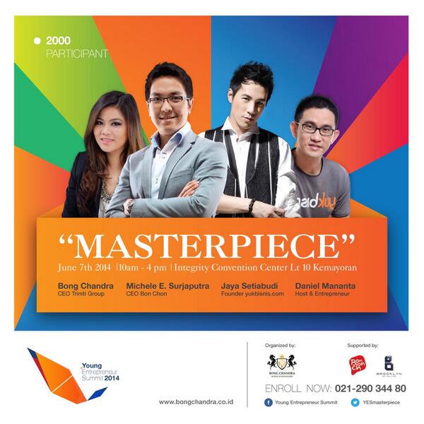Ken_Handersen's tweet image. #YES2014 Seminar "Masterpiece" by: @BongChandra @vjdaniel @jayaYEA &amp;amp; @msurjaputra CEO @BonChon_ID Hub 083890700311