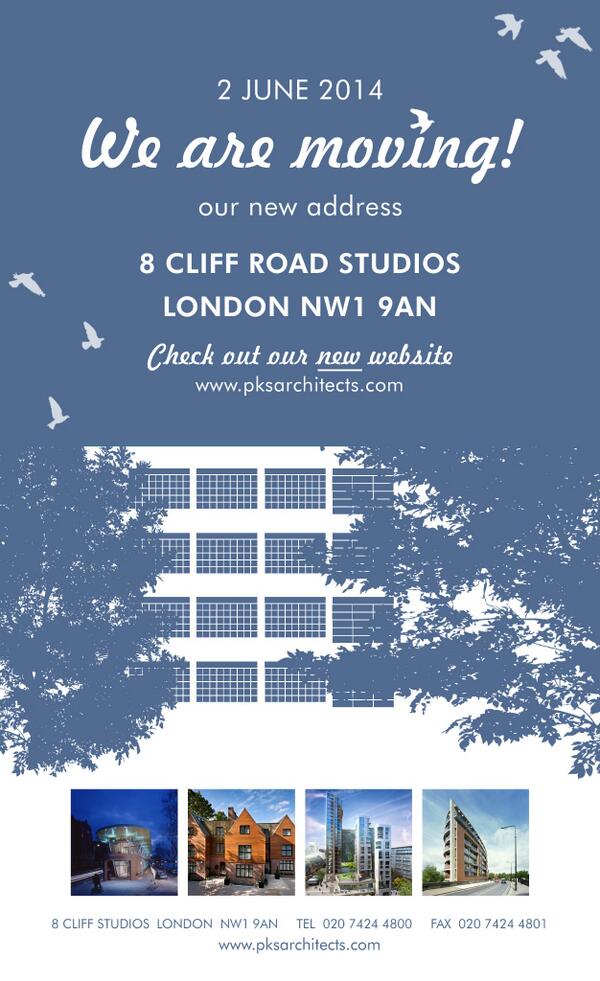 PKS_Architects's tweet photo. 2 June 2014
We are moving!
Our new address 8 CLIFF ROAD STUDIOS LONDON NW1 9AN http://t.co/QeR1lDxyn7 http://t.co/jwHSwAhxdY