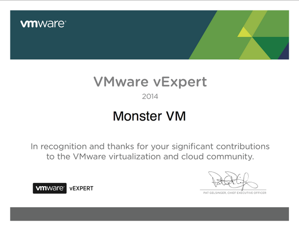 lamw's tweet photo. RT @vmMarkA: Thank you Monster VM for making 100% virtualization possible #PerformanceRocks #vExpert http://t.co/4DbKmkRIX5 <-haha nice!