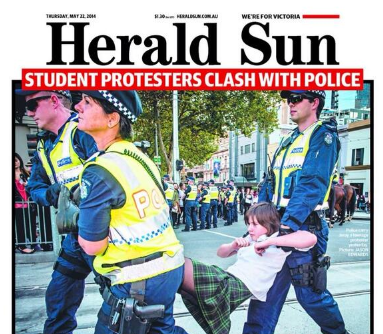 YourNewReality_'s tweet photo. 3 Cops, 1 Kid. Australian police haul away young student protester at #may21protest #auspol http://t.co/CXc9mHElmN