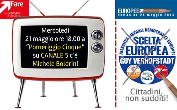 Fare2014's tweet photo. Alle 18 a Pomeriggio Cinque su Canale 5 c'é @micheleboldrin ! #SceltaEuropea #EP2014 #Fare2014 http://t.co/3cexOD992z
