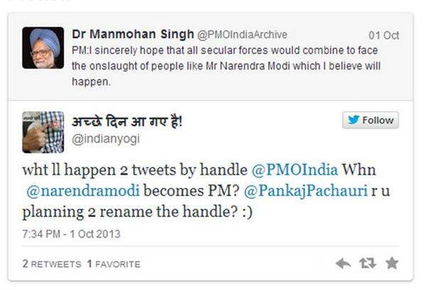 indianyogi's tweet image. #Handlegate On 1st October2013 &amp;amp; also b4 that, I wrote2 @PankajPachauri 4misusing PMO handle 4 petty politics!