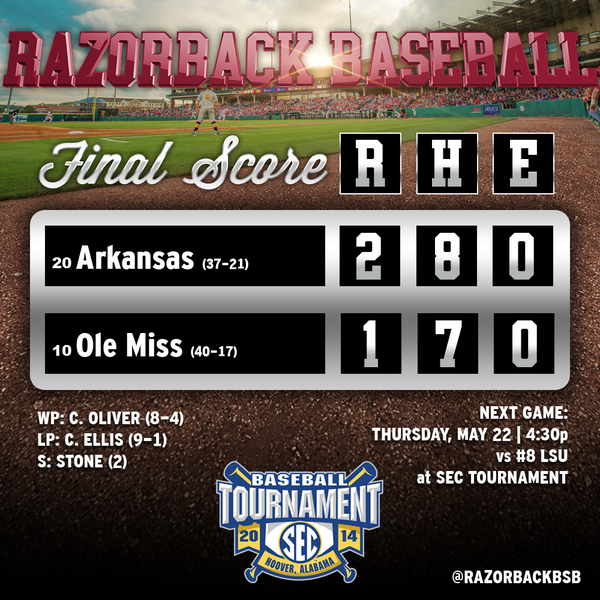 RazorbackBSB's tweet photo. FINAL | Arkansas 2, Ole Miss 1  - Hogs earn 11th win over ranked team and move on to play LSU in winner's bracket!! http://t.co/5smbaySw4n