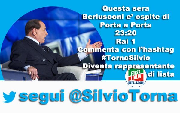 Silviotorna's tweet photo. Berlusconi questa sera 23:20 a Porta a Porta ma ora @ACP_CecchiPaone a La Gabbia! #TornaSilvio http://t.co/2Yss4VTH2V