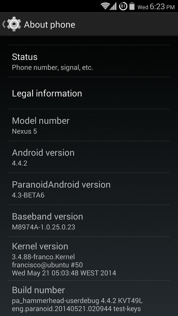 northead's tweet image. #Nexus5, @AOSPA_Official&apos;s #ParanoidAndroid 4.3 BETA 6 + #FrancoKernel r50.

Ahoy!